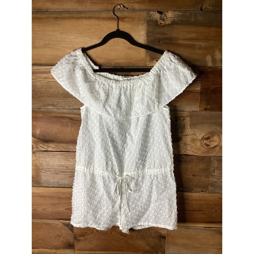 Madewell Women's White Off Shoulder Ruffle Swiss Dot Romper 2" Short Size S